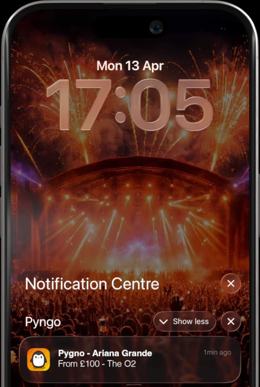 Phone showing Pyngo ticket drop notifications for live events