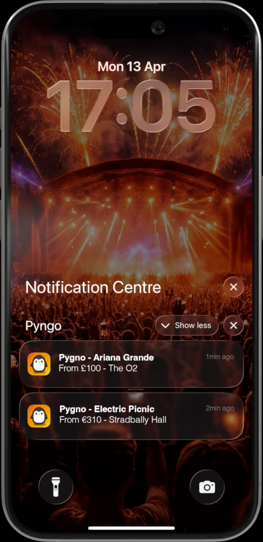 Phone showing Pyngo ticket drop notifications for live events
